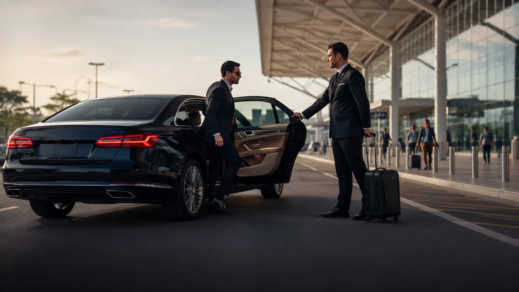 An executive passenger seated inside a chauffeured luxury sedan.