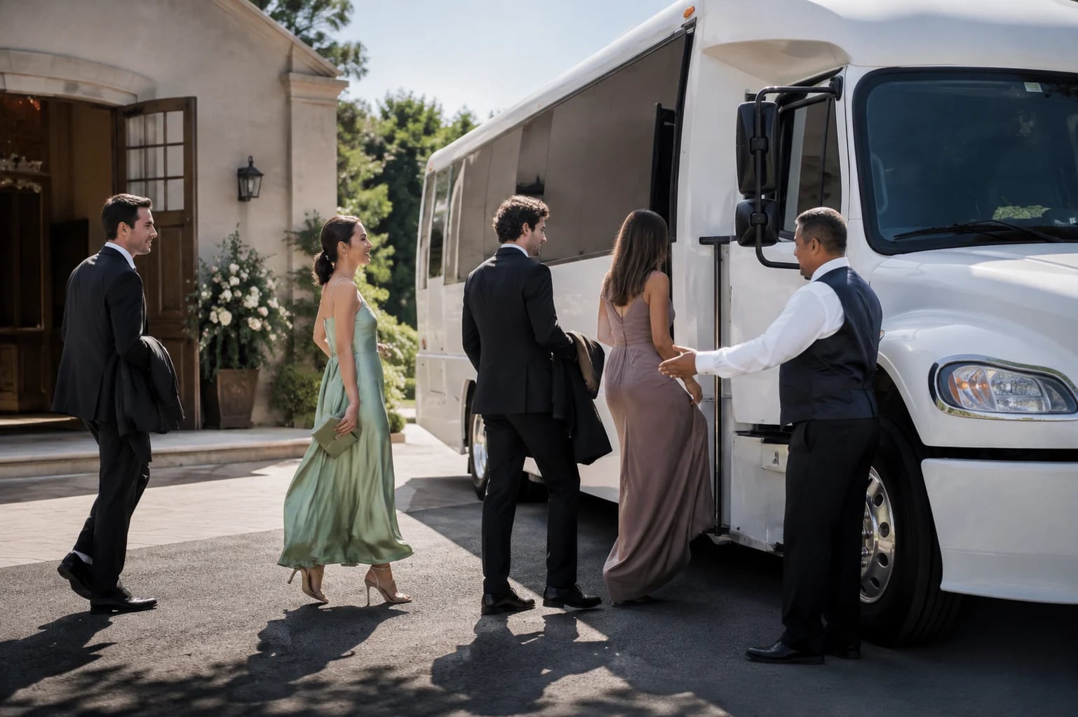 A white Danaro coach bus ready for group transportation.