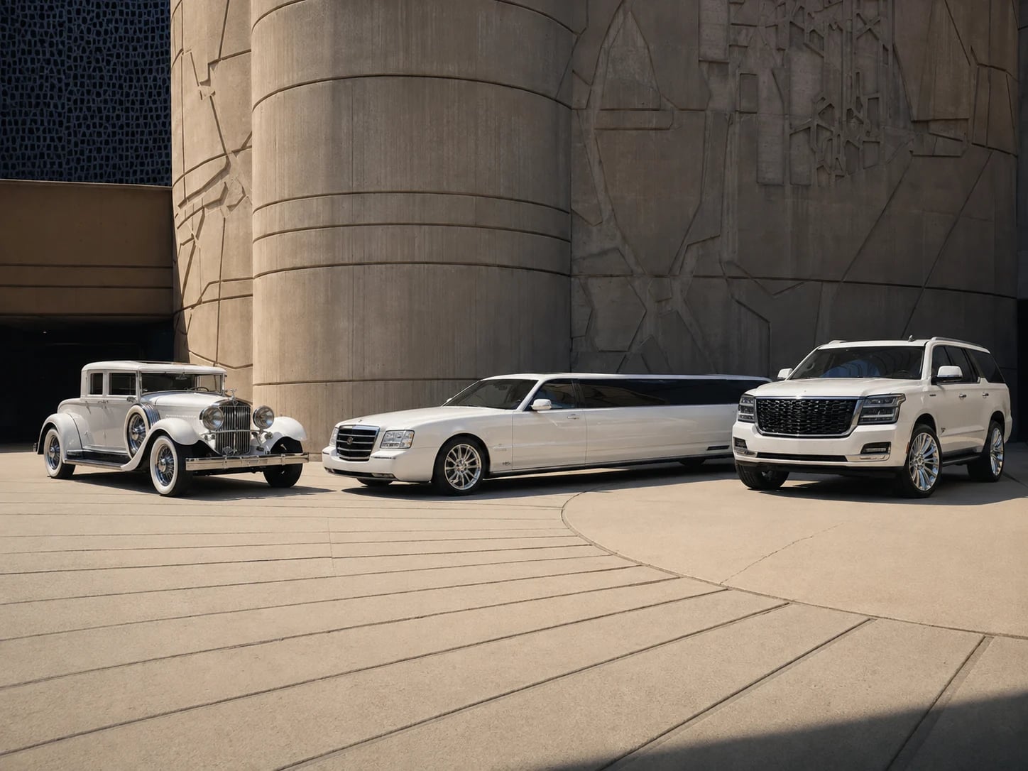 A lineup of Danaro classic cars, limousines and group transportation vehicles.