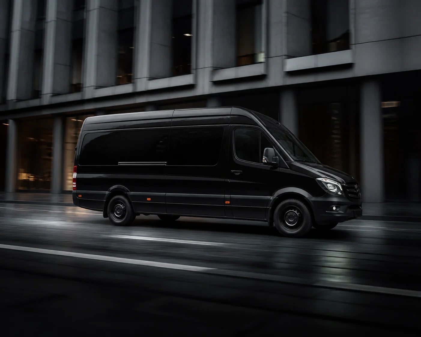 A black Mercedes-Benz Sprinter passenger van facing right.