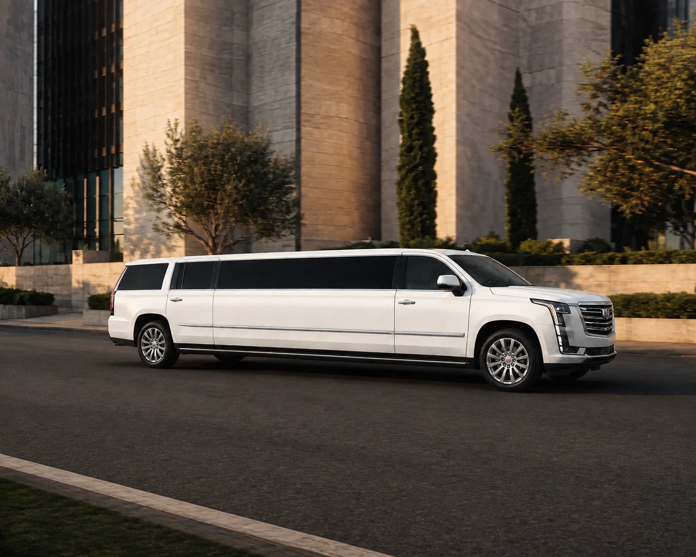 A white Cadillac Escalade stretch limousine facing right.