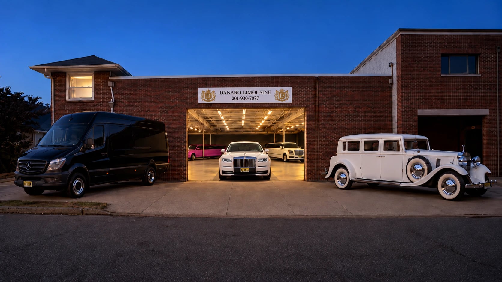Danaro's brick-front Carlstadt location at dusk, with a Sprinter, a classic Prinzing and limousines.