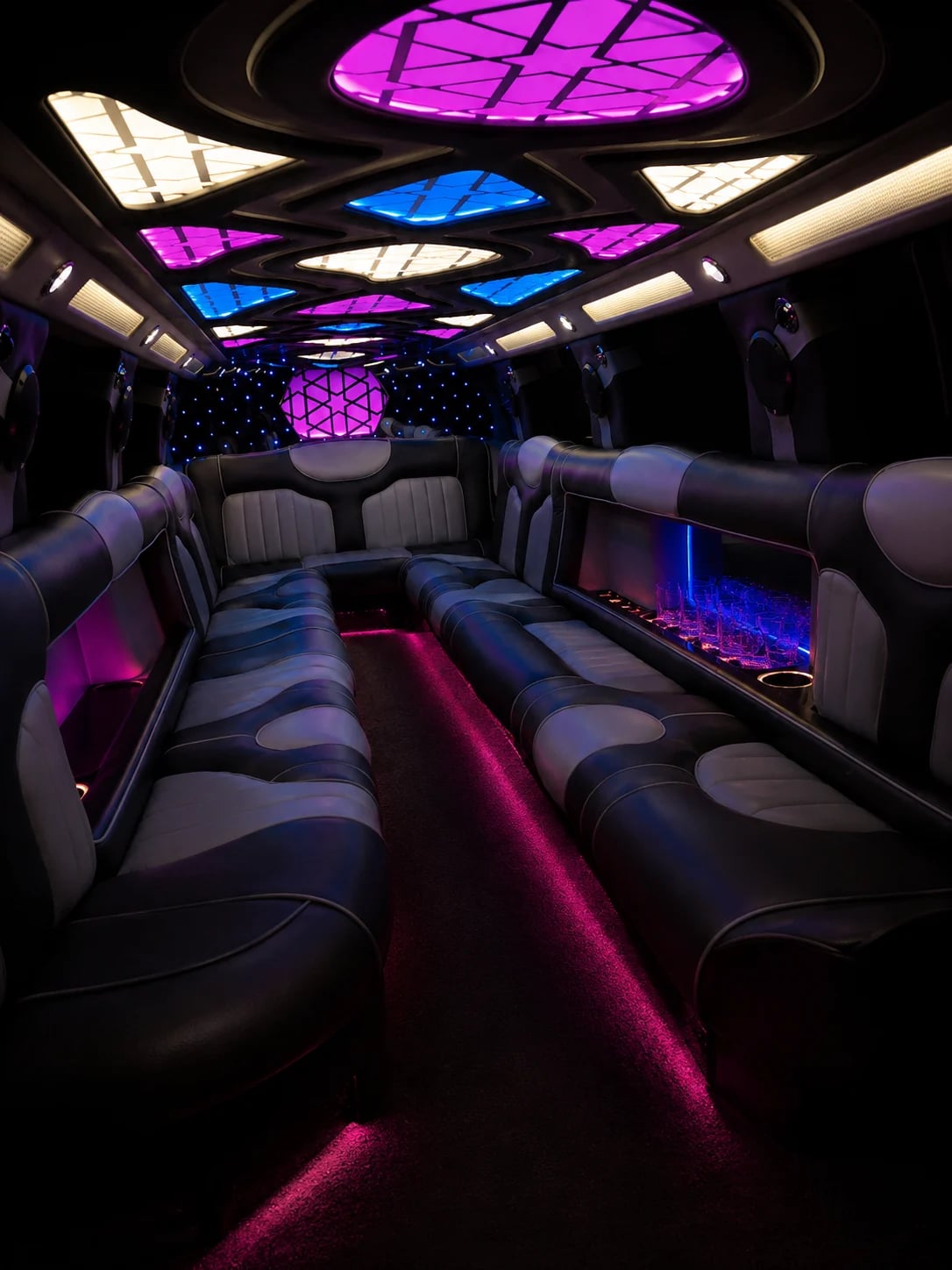 An immaculate Danaro limousine interior with refined ambient lighting.