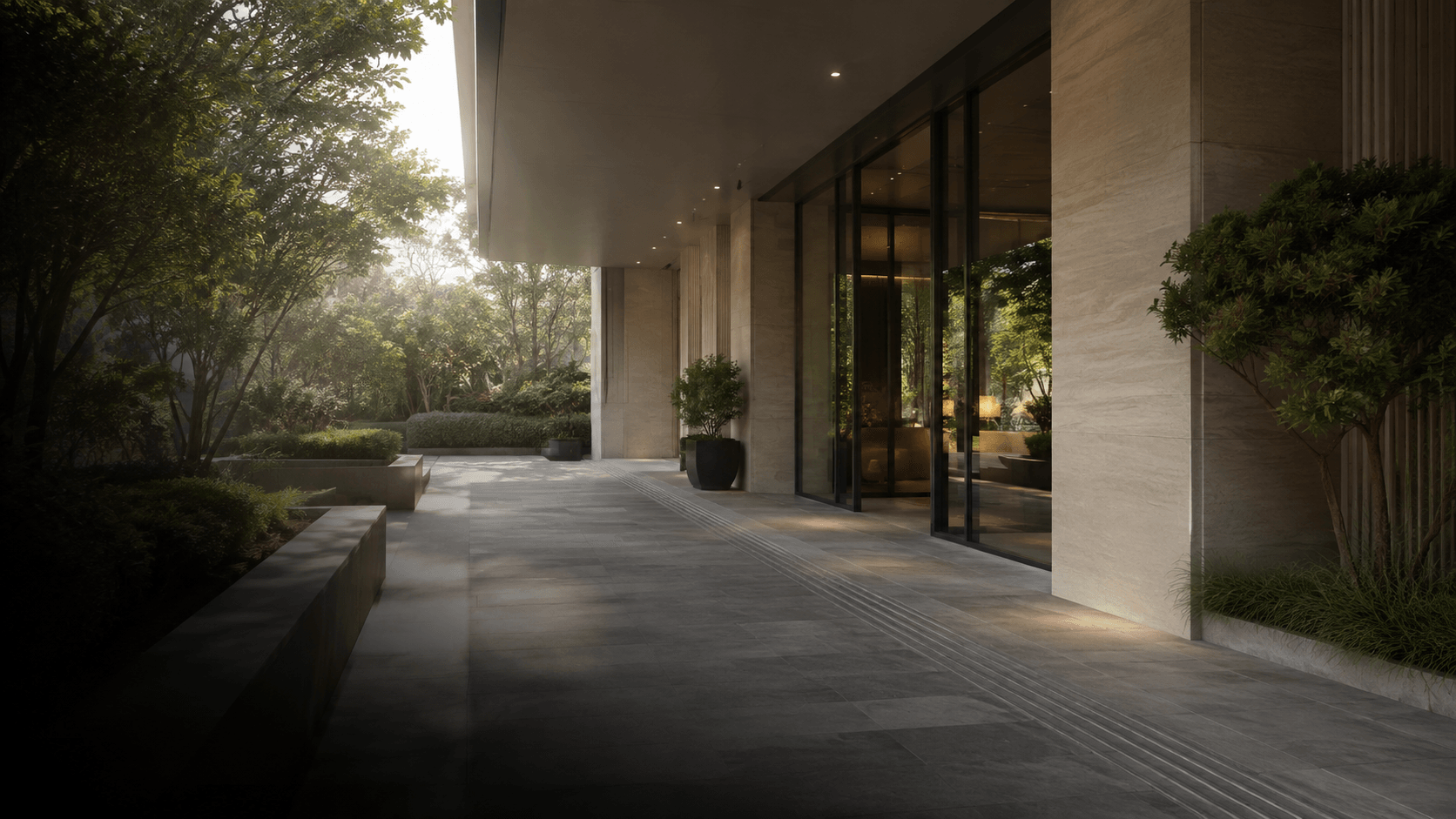 A broad, level hotel approach, architectural editorial illustration
