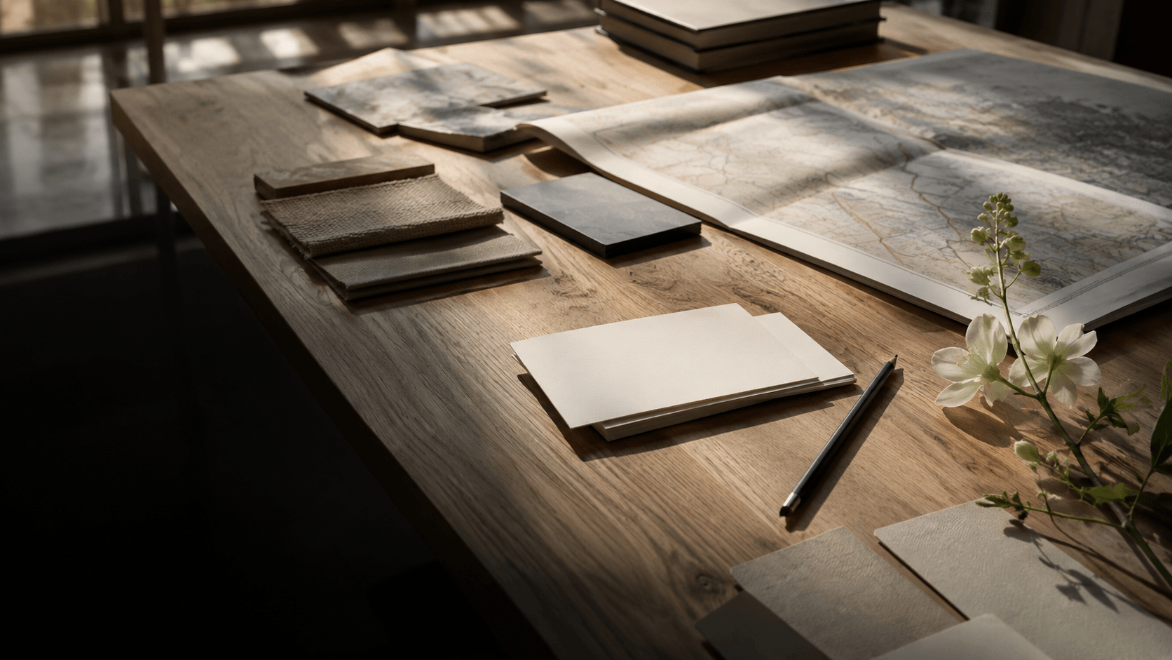 Blank planning cards and a map on a worktable, editorial photograph