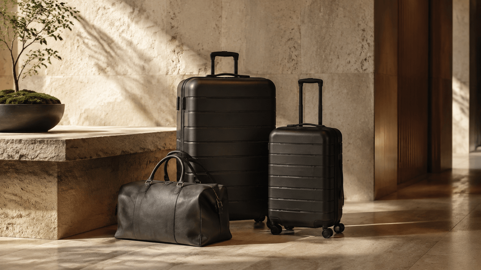 Illustrative large suitcase, carry-on and leather weekender in a neutral lounge