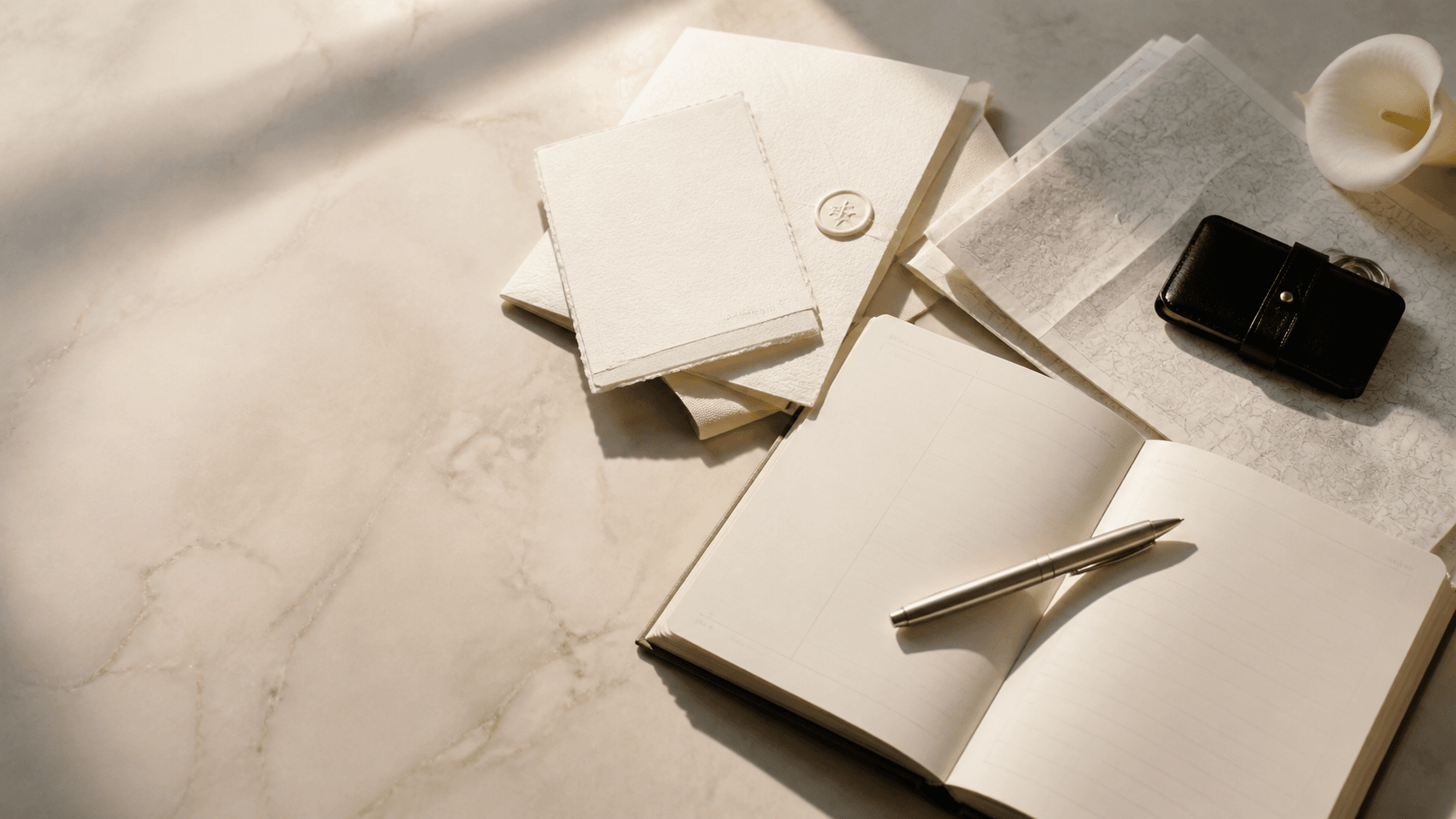 An editorial still life of an itinerary notebook, invitation stationery and a folded map